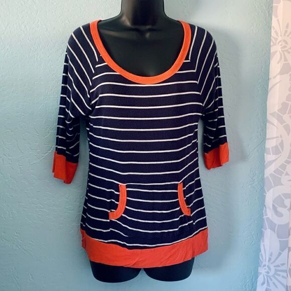 Blushed Navy Blue/White & Orange Striped Knit 3/4 Length Sleeve Knit Top Size XL - Picture 1 of 10